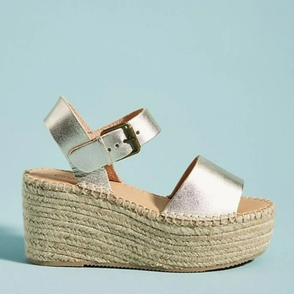 Anthro Soludos Platform Gold Leather Espadrille 10 - Picture 2 of 13